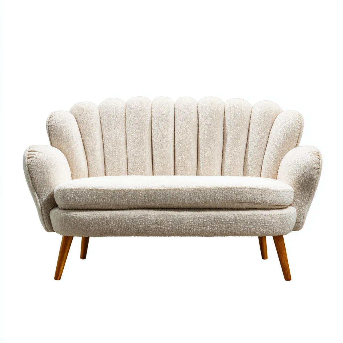 Divanetto 2 posti crema 145 x 78 x 86 cm in poliestere bouclé con schienale a conchiglia