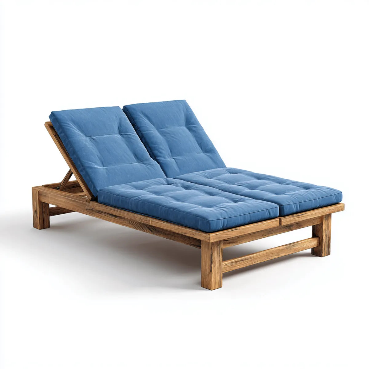 Lettino prendisole matrimoniale blu in teak massello con schienali reclinabili 200 x 140 cm