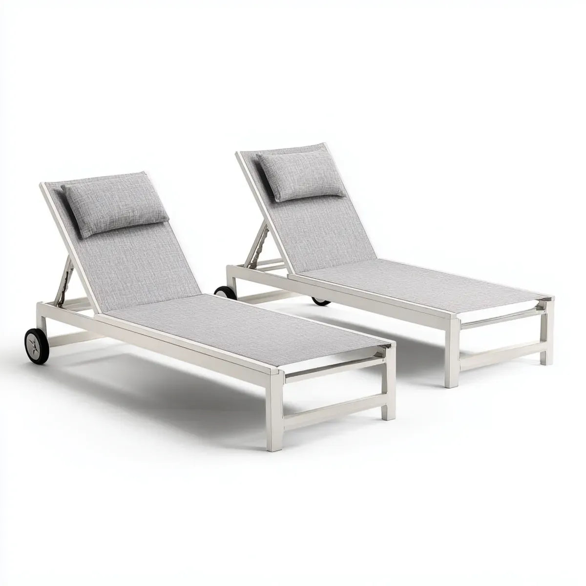 Set 2 lettini prendisole da giardino reclinabili con ruote bianco e grigio 196 x 65 x 32 cm in alluminio e textilene rettangolari