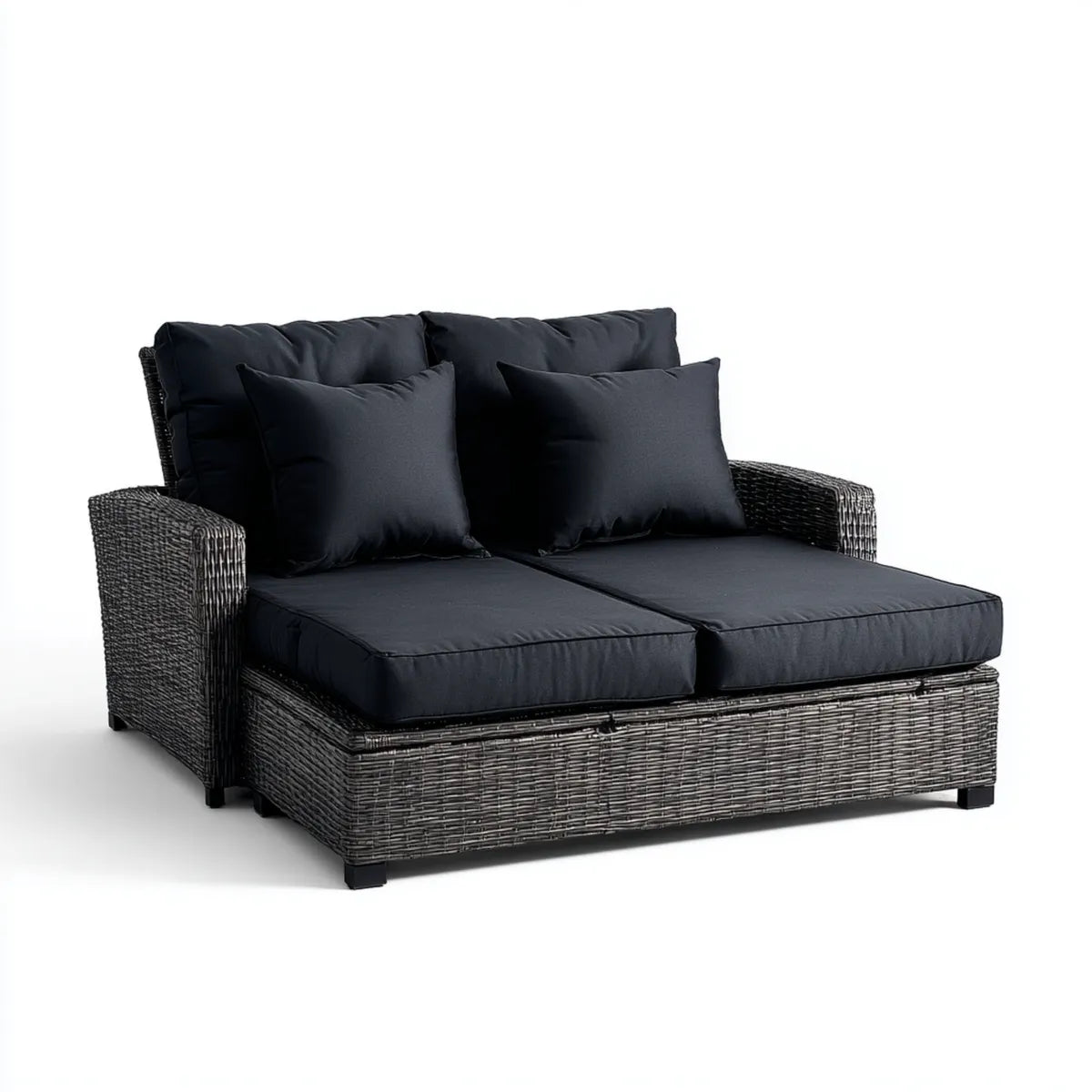 Lettino prendisole doppio da giardino nero in rattan PE 150 x 200 x 75 cm