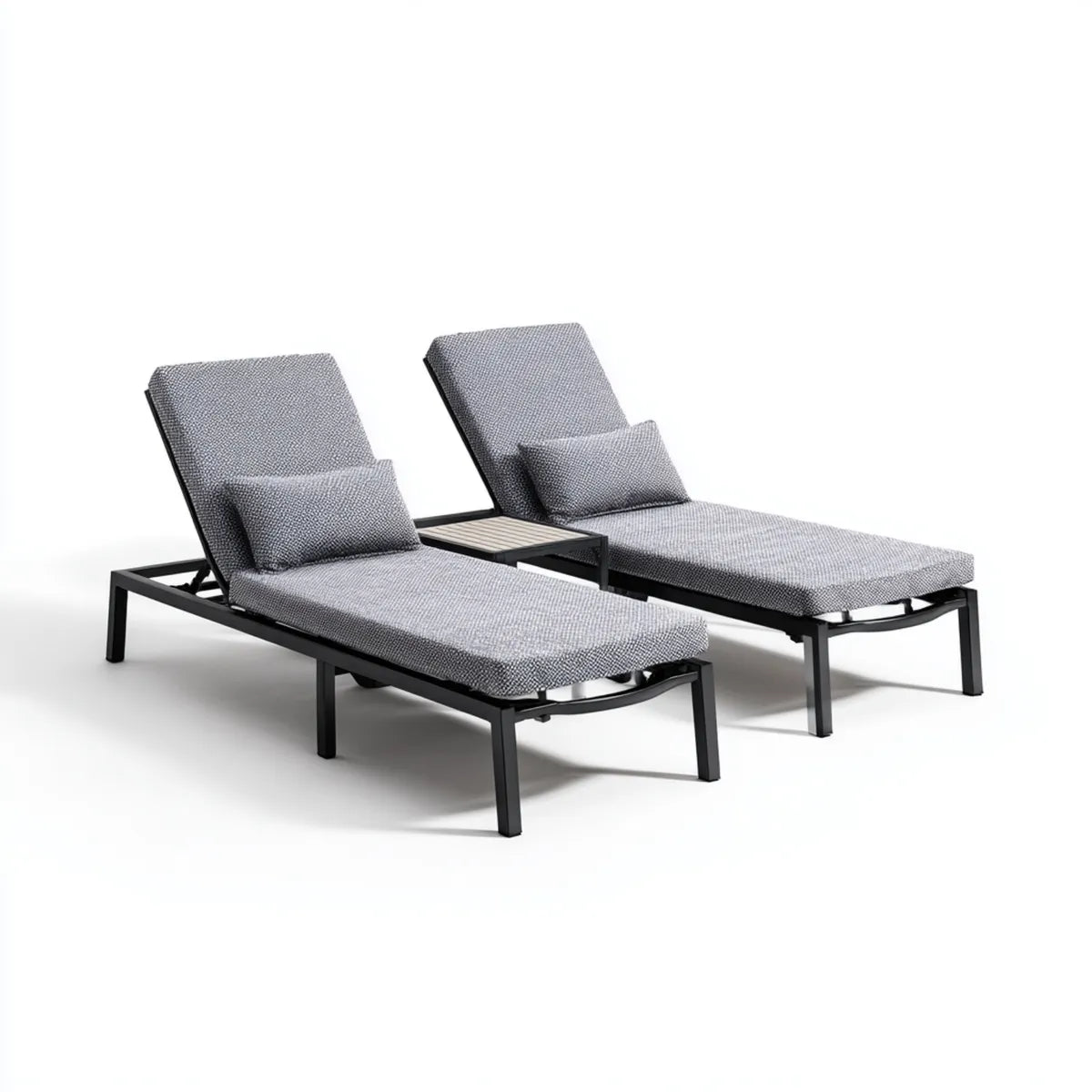 Set 2 lettini prendisole regolabili con tavolino grigio antracite 200 x 70 cm in alluminio e poliestere forma rettangolare