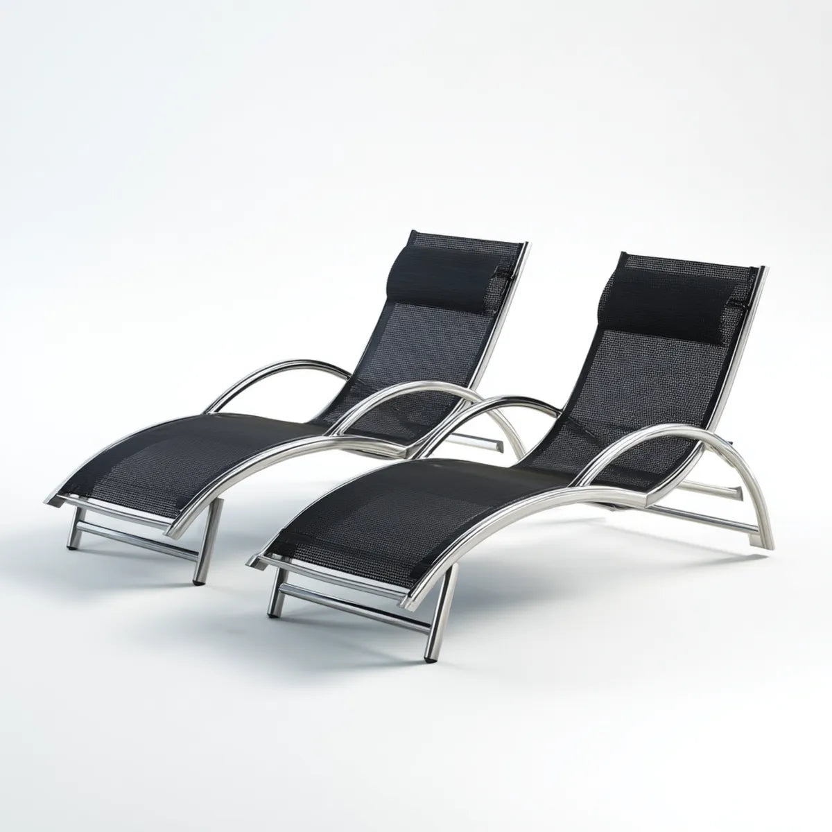 Set 2 Lettini Prendisole da Giardino Neri in Acciaio Inox e Textilene Curvi 190 x 60 x 65 cm
