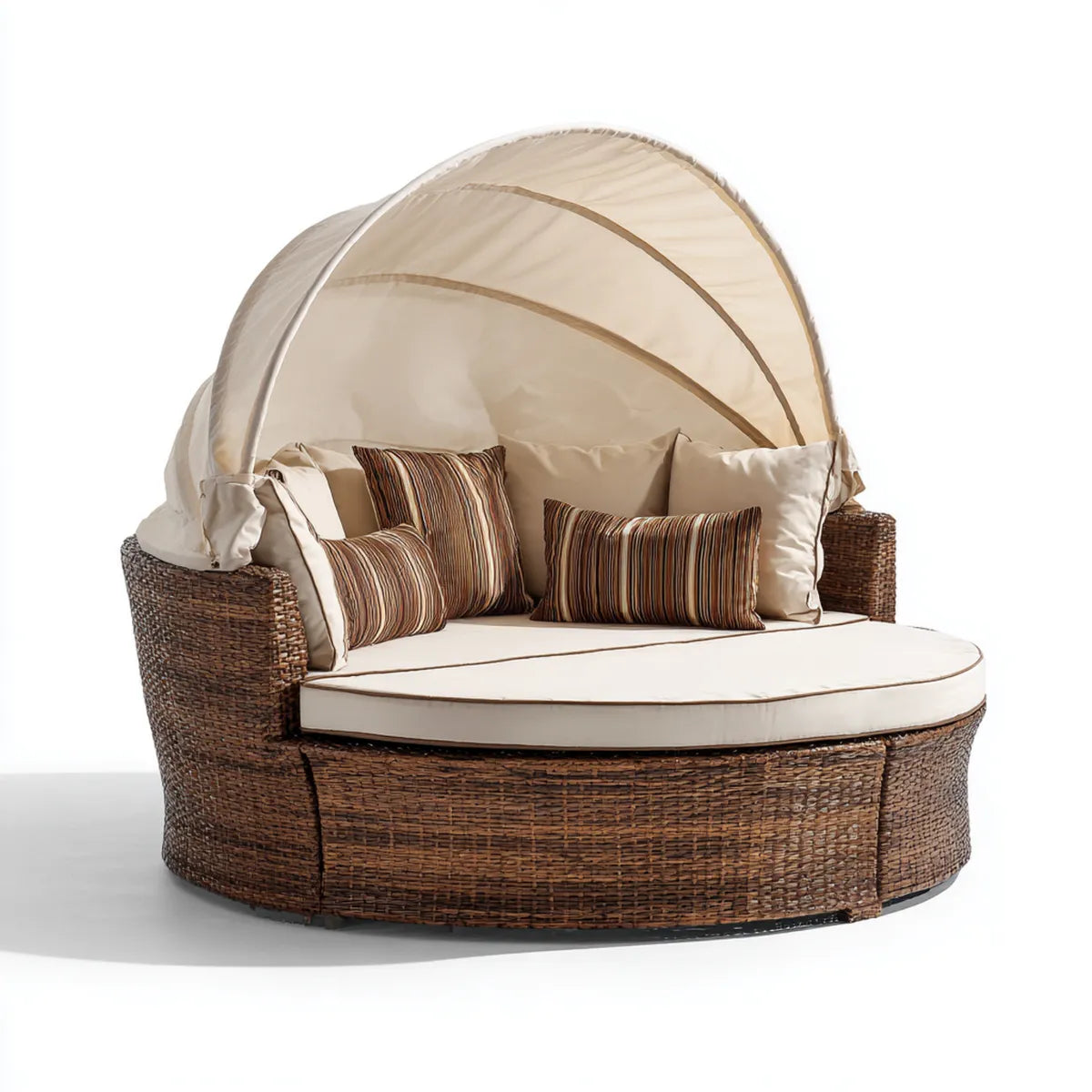 Lettino prendisole rotondo da giardino marrone e beige Ø180 x 160 cm in rattan PE con tettuccio reclinabile
