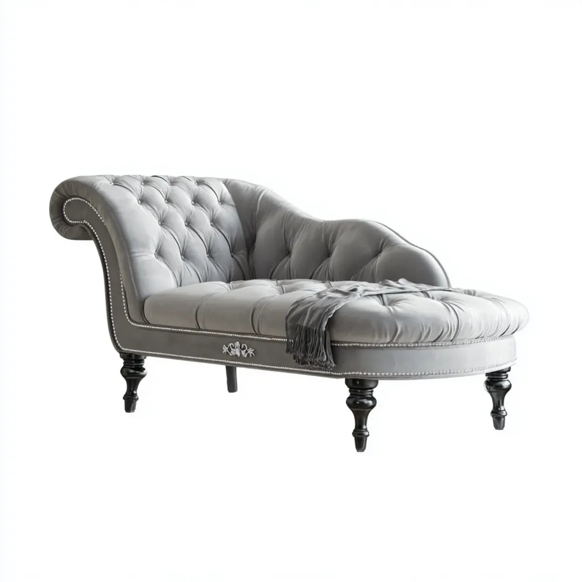 Chaise longue imbottita grigia in velluto di poliestere con schienale capitonné 170 x 75 x 80 cm