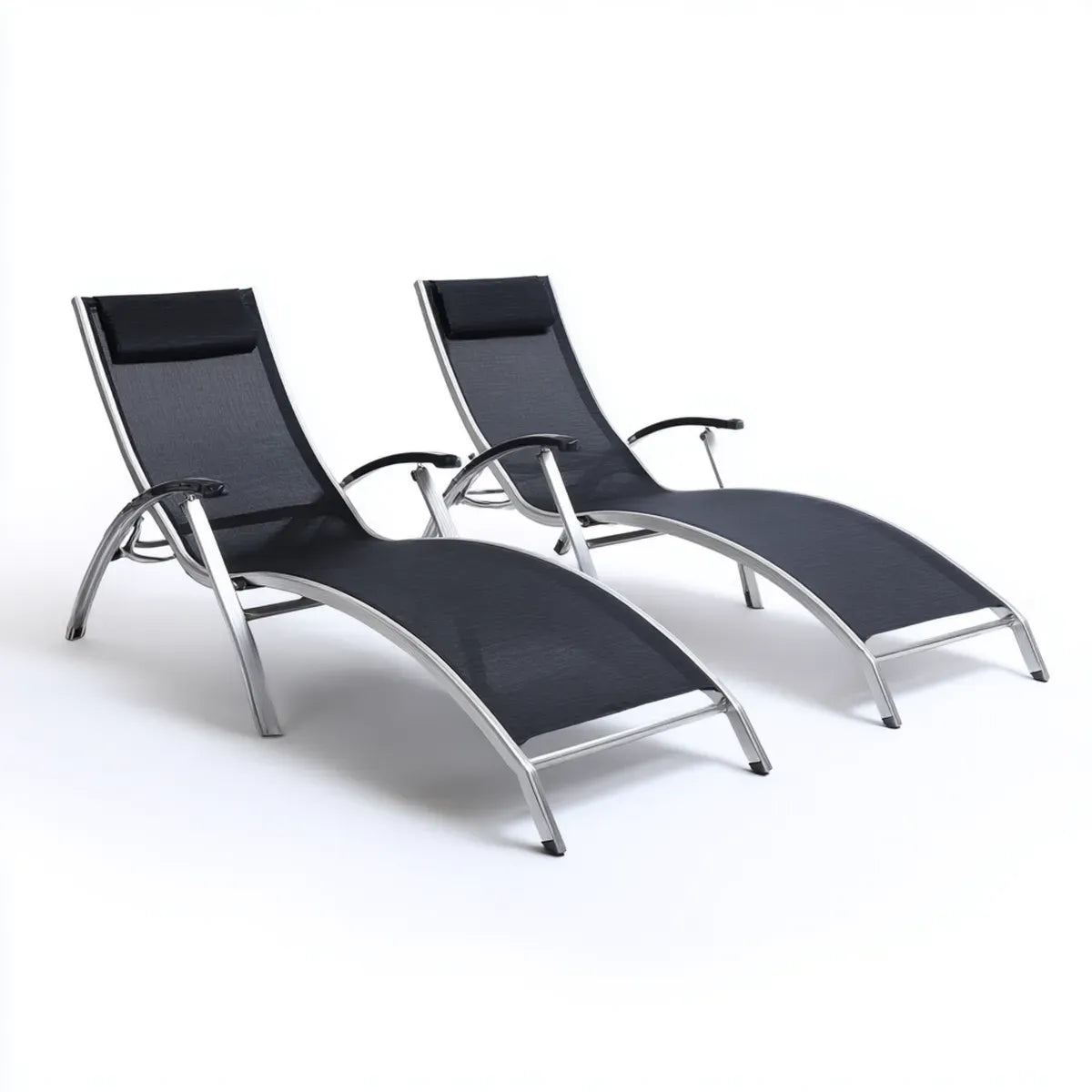 Set 2 lettini prendisole reclinabili nero argento 190 x 58 x 96 cm in acciaio inox e textilene